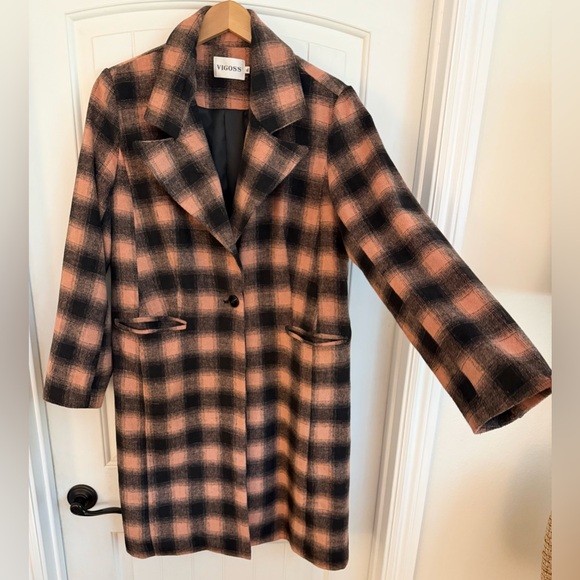 Anthropologie Belle Plaid Coat by Vigoss Checkered  Black & Pink Single Breasted - Picture 7 of 12